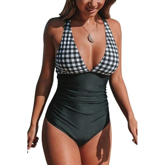 CUPSHE Black Gingham Ruched Criss-Cross Back One Piece Swimsuit Small New - Picture 4 of 4